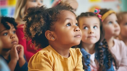 multicultural preschool wonder diverse group of wideeyed toddlers gaze up at teacher colorful classroom setting radiates warmth and curiosity