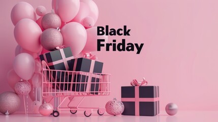 Black Friday sale pink banner with balloons and gift boxes on festive background