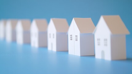 A row of paper houses on a blue surface
