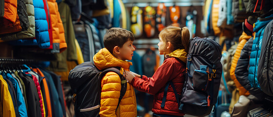 Obraz premium Adventure Shopping: Mother and Son Gear Up for Outdoor Excursions at an Adventure Store