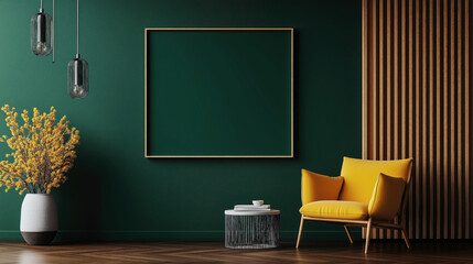 Modern interior design with dark green wall, wooden slatted accent wall, empty picture frame, yellow armchair, small side table with cup, and vase with yellow flowers.