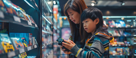 Mother and Son Shopping for Gaming Consoles Together, Discussing Video Game Preferences and Hobbies in a Store