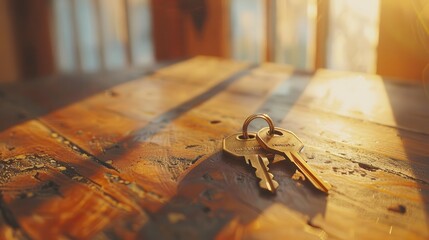 new beginnings vintage keys resting on rustic wooden table soft window light highlighting brass details symbolizing homeownership and fresh start