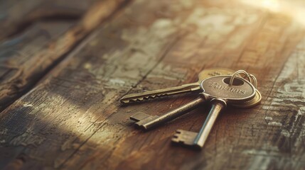 new beginnings vintage keys resting on rustic wooden table soft window light highlighting brass details symbolizing homeownership and fresh start