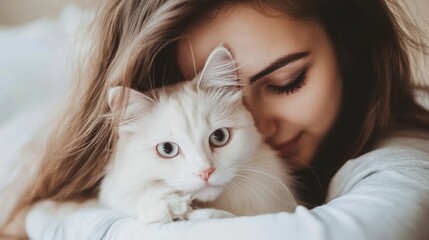 A woman holding a white cat with blue eyes