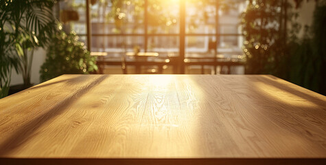 Sunlit wooden table in modern coffee shop interior with lush greenery