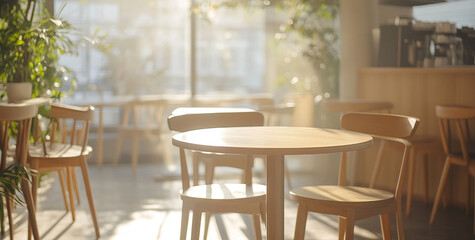 Bright and modern cafe with clean, empty wooden table and chairs