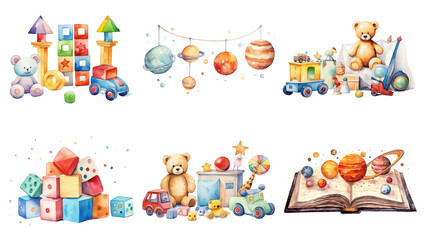 Naklejka premium PNG cute watercolor toy element set, transparent background