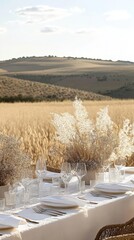 A table set for a dinner outdoors in a wheat field