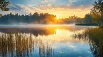 Fototapeta premium Beautiful Lake Morning Sunrise Nature Landscape