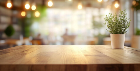 A contemporary cafe with bright lighting and sleek wooden table