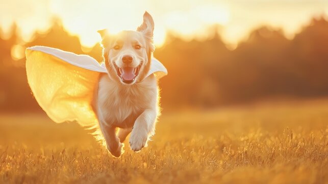 Golden retriever dressed as superhero running in a field at sunset 