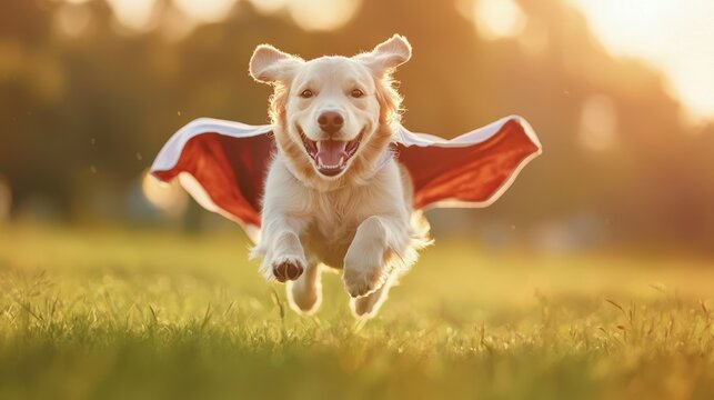 Golden retriever in red vampire costume running happily through field at sunset during Halloween - Powered by Adobe