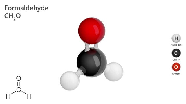 The model of the molecule formaldehyde (CH2O). Formaldehyde is a colorless flammable gas. It is used in the production of jewelry, paper, plywood and urea-formaldehyde resins. seamless loop.