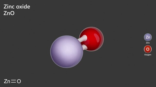 The chemical formula and 3d model of zinc oxide (ZnO). Zinc oxide is used in manufacturing processes: rubbers, plastics, ceramics, cement, lubricants, paints, ointments, batteries. 3d rendering
