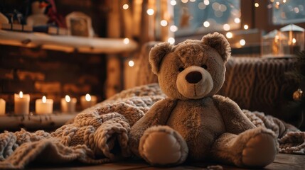 oversized plush teddy bear in rustic cabin setting warm firelight glow cozy blankets wooden beams soft focus inviting atmosphere touches of holiday cheer