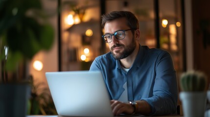 Fototapeta premium Man working late at night on a laptop in a cozy, well-lit home office filled with plants and ambient lighting
