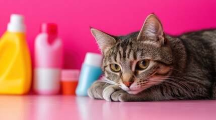 Cute tabby cat lying next to cleaning supplies on a bright pink background
