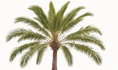 A tall palm tree with long, green fronds stands against a white background