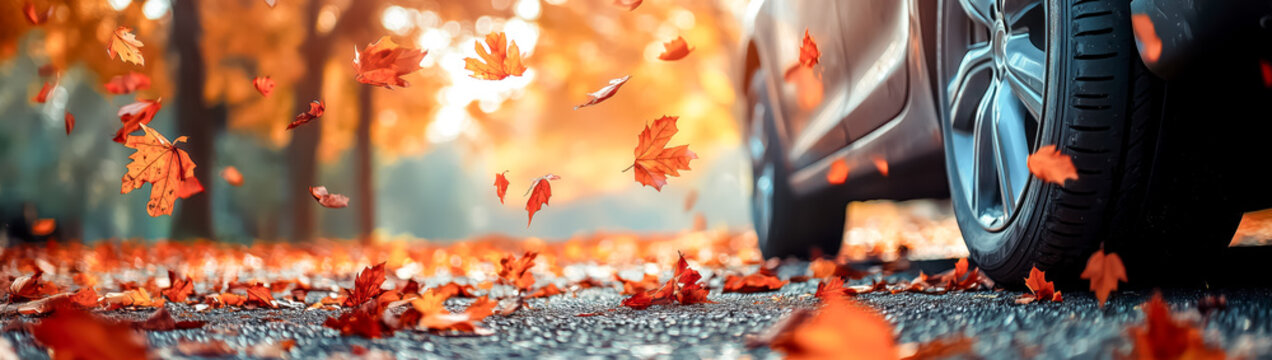 Closeup view of the car tires on asphalt road with many colourful autumn maple leaves falling from the trees in beautiful park in autumn.