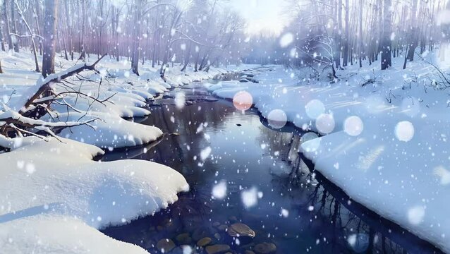 Serene forest and river view covered in snow during a calm winter morning