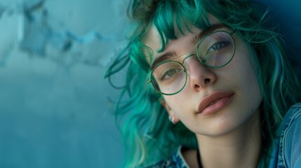 Fototapeta premium beautiful young woman portrait with green hair and glasses