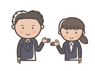 説明をするリクルートスーツ風の若い男女ビジネスマンの上半身イラスト