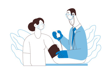 Male Doctor and Female Patient with Blood Pressure Measurement Machine in Medical Office or Laboratory. Blood Pressure Procedure. Black and White Flat Vector Concept Illustration. Website Banner