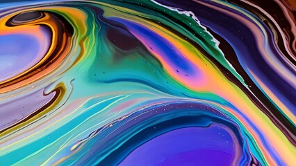Closeup of a shimmering iridescent oil spill on water, showcasing reflective surfaces and swirling colors, great for environmental themes.