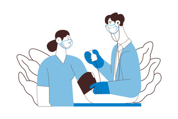 Male Doctor and Female Patient with Blood Pressure Measurement Machine in Medical Office or Laboratory. Blood Pressure Procedure. Black and White Flat Vector Concept Illustration. Website Banner