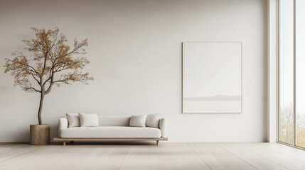 A white room with a couch and a tree