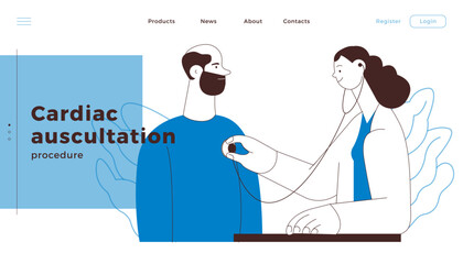 Cardiac Auscultation. Male Patient and Female Doctor Carrying Out Procedure in Medical Office or Laboratory. Stethoscope Examination Procedure. Black and White Vector Illustration. Website Banner.