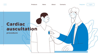 Cardiac Auscultation. Female Patient and Male Doctor Carrying Out Procedure in Medical Office or Laboratory. Stethoscope Examination Procedure. Black and White Vector Illustration. Website Banner