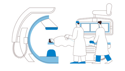 Coronary Angiography Procedure. Medical Equipment. Doctor and Nurse Perform Cardiac Catheterization on Patient in Laboratory. Black and White Modern Flat Vector Illustration. 