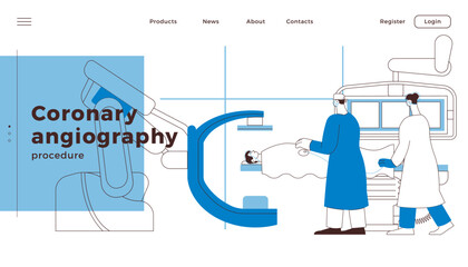Coronary Angiography Procedure. Medical Equipment. Doctor and Nurse Perform Cardiac Catheterization on Patient in Laboratory. Black and White Modern Flat Vector Illustration. 