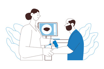 Dermatoscopy. Skin Cancer Screening. Medical Equipment. Medical Specialist Screening Patient on Birthmarks in Laboratory. Black and White Modern Flat Vector Illustration. Landing Page Design Template.