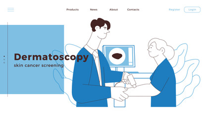Dermatoscopy. Skin Cancer Screening. Medical Equipment. Medical Specialist Screening Patient on Birthmarks in Laboratory. Black and White Modern Flat Vector Illustration. Landing Page Design Template.