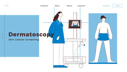Dermatoscopy. Skin Cancer Screening. Medical Equipment. Medical Specialist Screening Patient on Birthmarks in Laboratory. Black and White Modern Flat Vector Illustration. Landing Page Design Template.