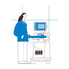 Ultrasonography Scanner. Standing Female Medical Specialist near Scanner in Medical Office or Laboratory. Medical Equipment. Black and White Modern Flat Vector Concept Illustration.