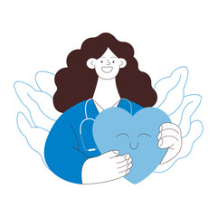 Female Medical Specialist Hold Red Heart on Abstract Background. Cardiology Concept. Black and White Modern Flat Vector Illustration. Website Banner. Social Media Template. Landing Page Template