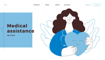 Female Medical Specialist Hold Red Heart on Abstract Background. Cardiology Concept. Black and White Modern Flat Vector Illustration. Website Banner. Social Media Template. Landing Page Template