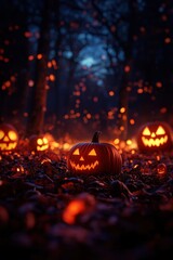 Enchanted forest illuminated with glowing jack-o-lanterns during nighttime, creating a spooky Halloween atmosphere.