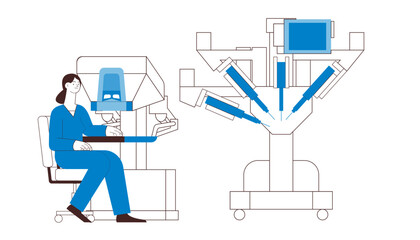Robotic Surgical Assisted System. Medical Equipment. Female Medical Specialist. Black and White Modern Flat Vector Illustration.