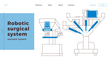 Robotic Surgical Assisted System. Medical Equipment. Black and White Modern Flat Vector Illustration. Landing Page Design Template. Website Banner.