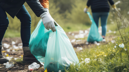 unrecognizable human cleans the park of garbage. Unrecognizable young volunteer collects garbage in  park.