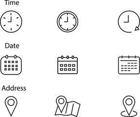 Clock time and address icon set. Stopwatch icon. Date icon - Web icon. Time date icons set. Black line and flat web icons with transparent background.