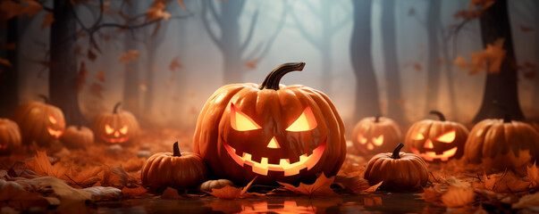 View of Jack pumpkin with burning candles and autumn leaves around. Halloween concept.