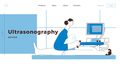 Ultrasonography Procedure. Female Medical Specialist Examining Male Patient with Scanner in Medical Office or Laboratory. Black and White Modern Flat Vector Concept Illustration. Website Banner. 