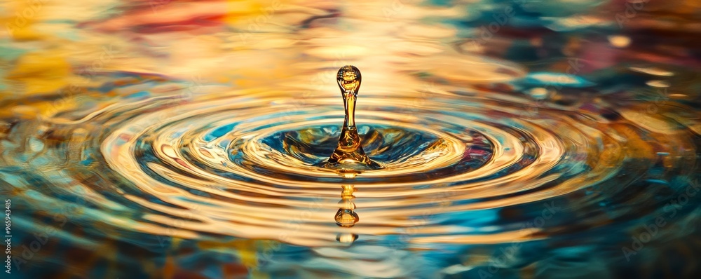 Poster Water droplet creating concentric ripples on colorful liquid surface