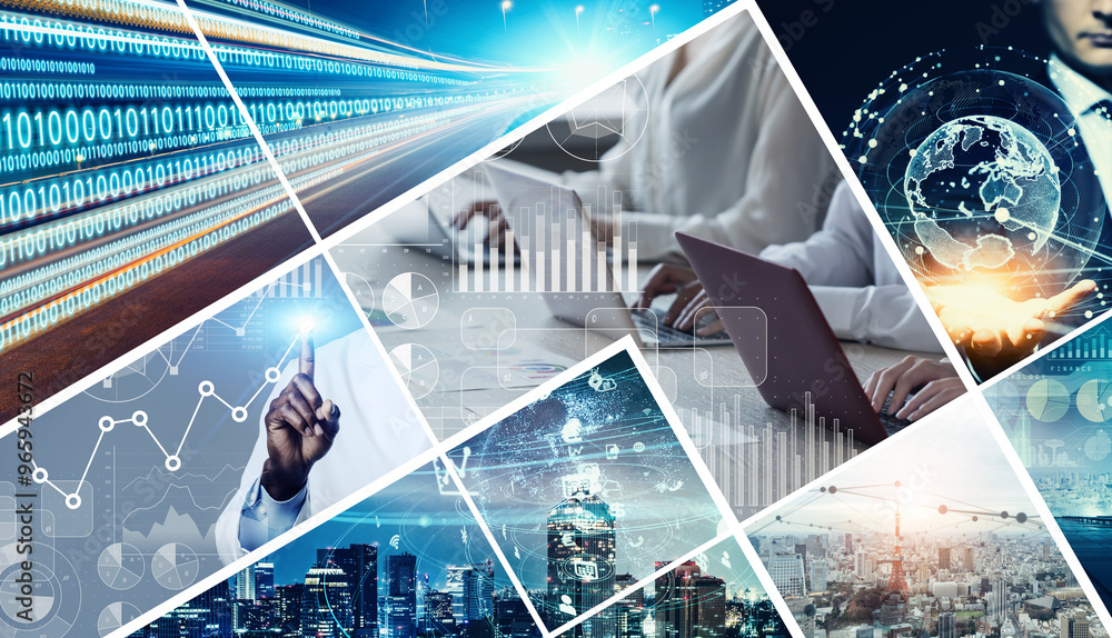 Poster collage of various business and technology concepts. wide angle visual for banners or advertisements